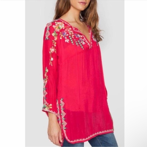 Johnny Was Vanessa Red Embroidered Semi Sheer Tunic Blouse - Picture 4 of 11